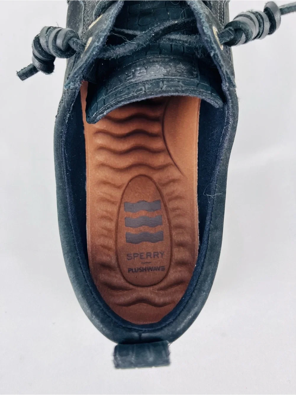 Sperry Women's Crest Vibe Plushwave Black Snake Nubuck Leather Shoes Size 7.5